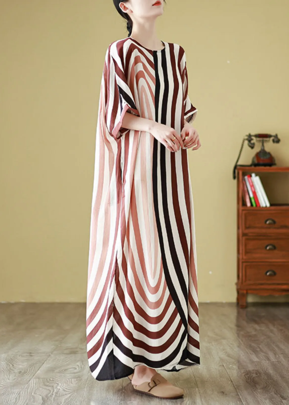 Diy Colorblock Oversized Striped Cotton Robe Dresses Summer YY024