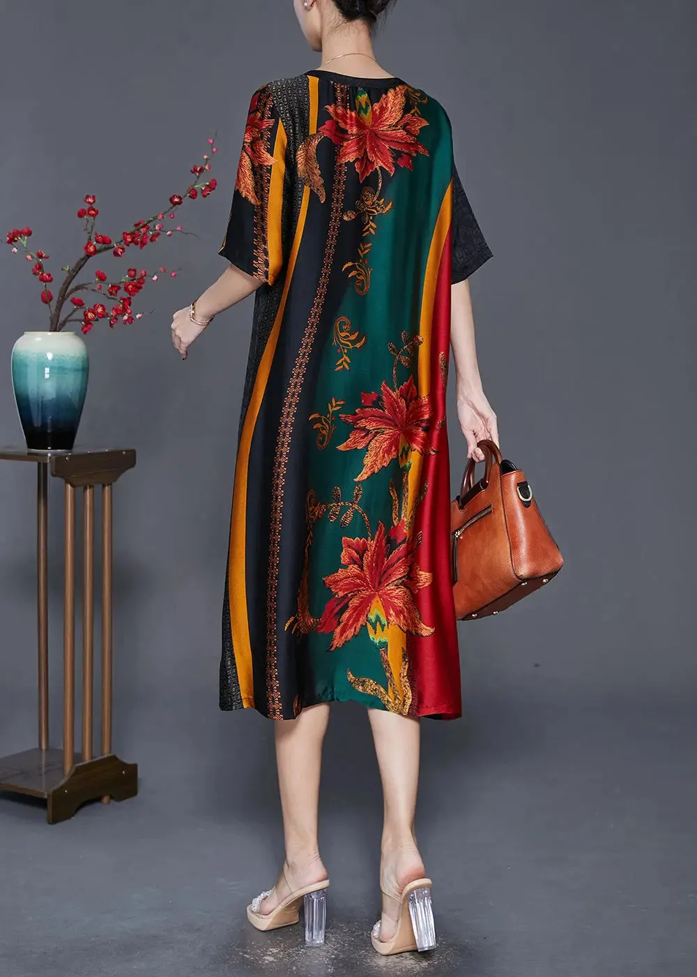 Elegant Colorblock V Neck Patchwork Silk Robe Dresses Summer ML0370