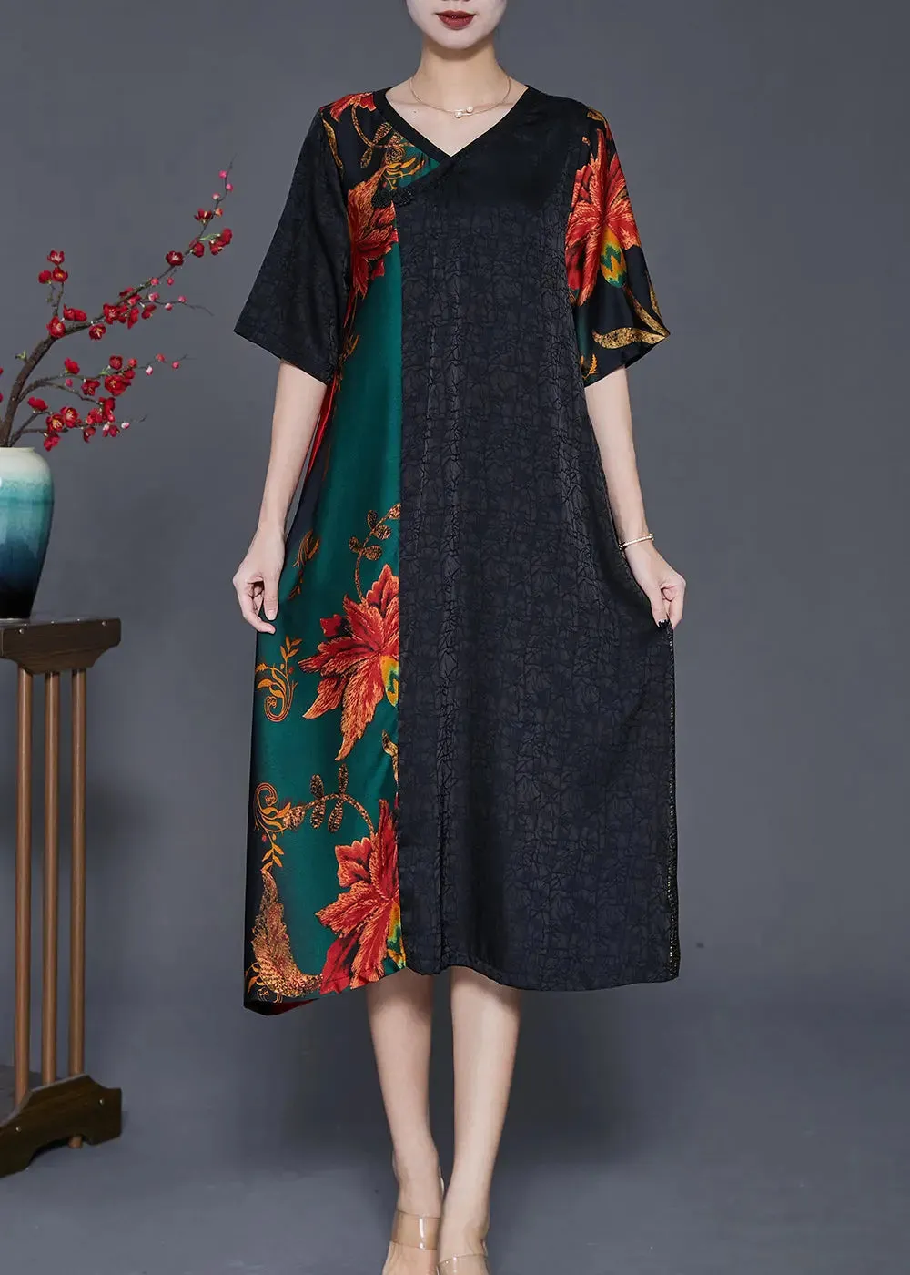 Elegant Colorblock V Neck Patchwork Silk Robe Dresses Summer ML0370