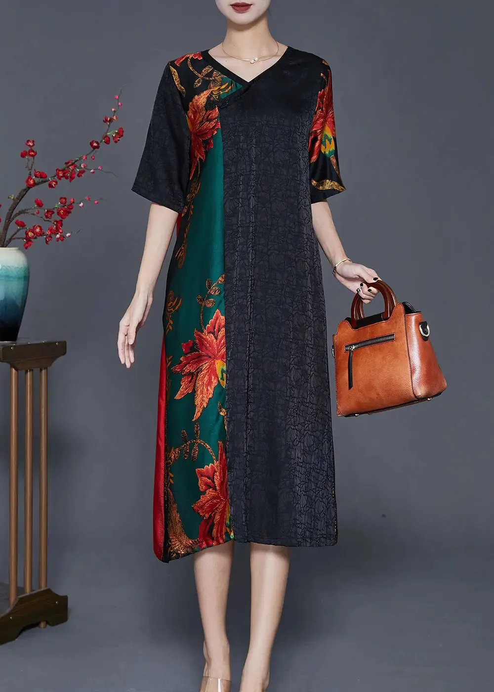 Elegant Colorblock V Neck Patchwork Silk Robe Dresses Summer ML0370