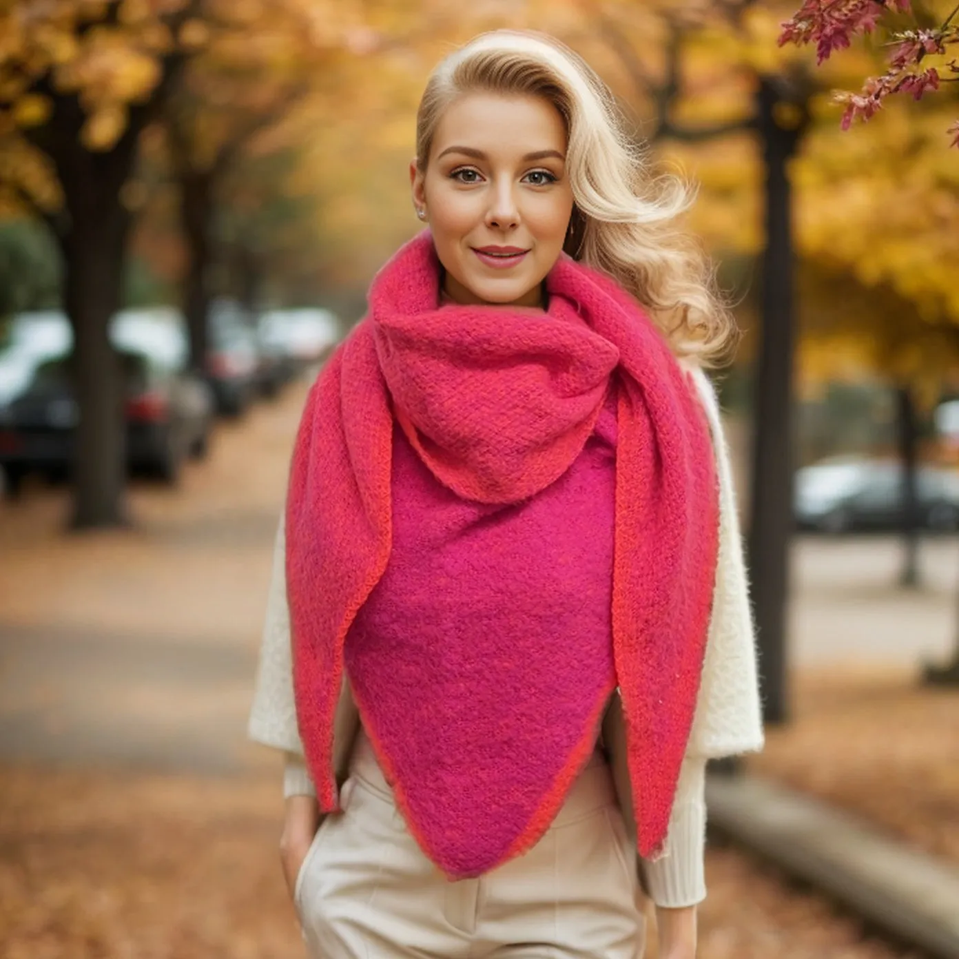 Enitsa - Woollen Triangular Scarf (75x185cm) - Neon Pink