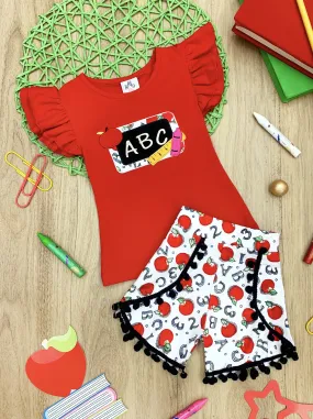 Girls 1st Day of School "ABC" Flutter Sleeve Top & Pom Pom Numbers & Letters Printed Shorts Set