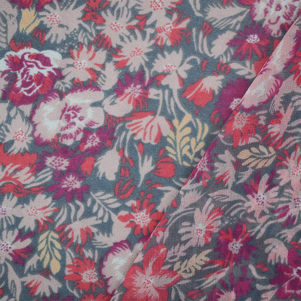 Gray-Pink-Multi Floral Printed Poly Chiffon Woven Fabric