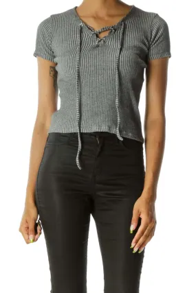 Gray Ribbed Crisscross Short Sleeve Knit Top