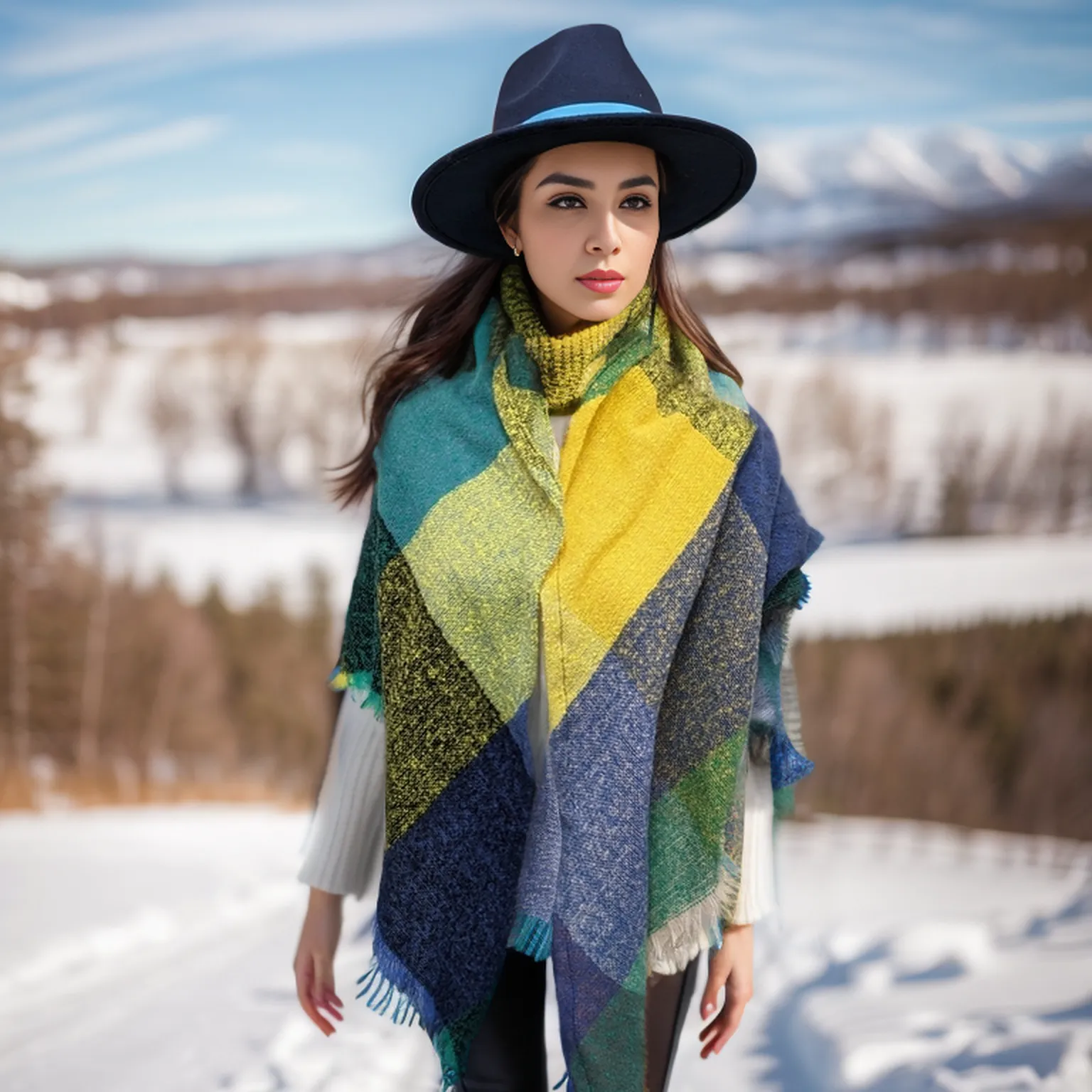 Iskra - Triangle Squares Scarf (130x65x65cm) - Green/Blue