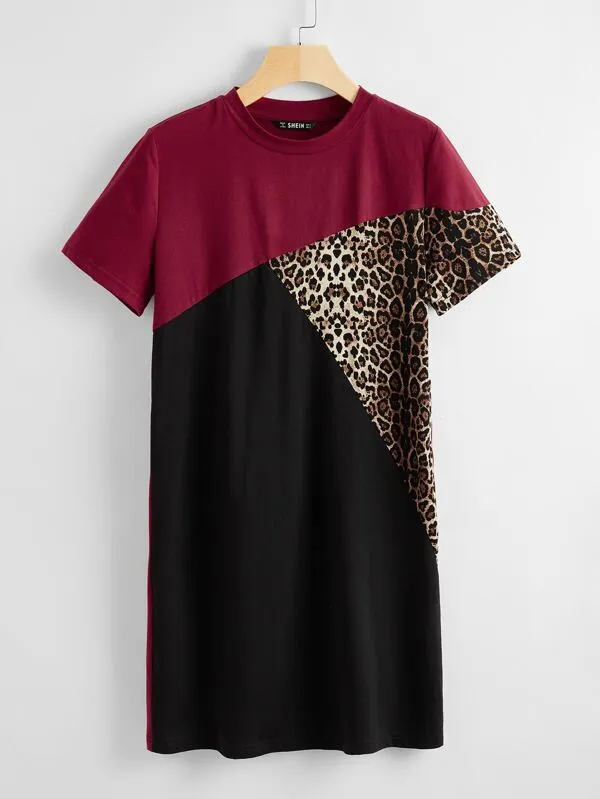 Leopard Print Colorblock Tee Dress