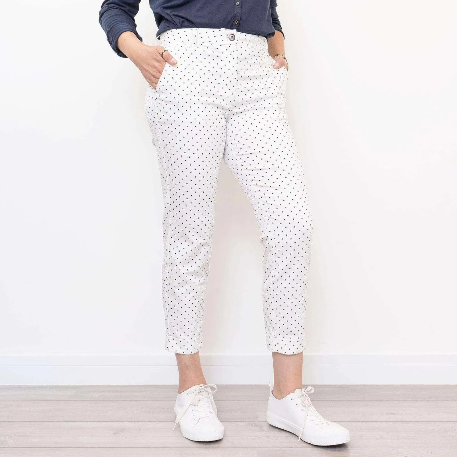 M&S White Crop Polka Dot Slim Leg Stretch Trousers