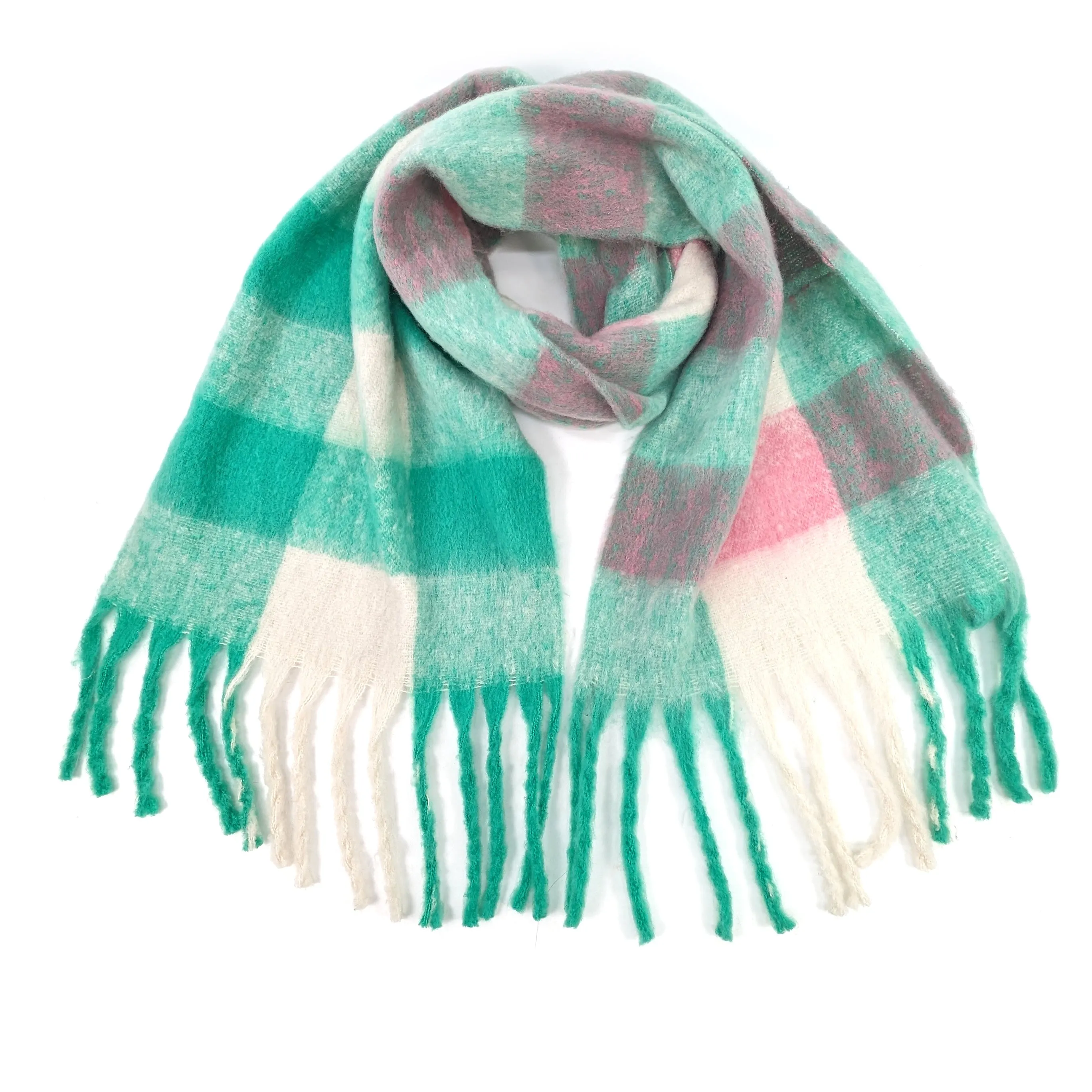 Mikre - Extra Thick Neon Tasseled Scarf (40x195cm) - Green/White