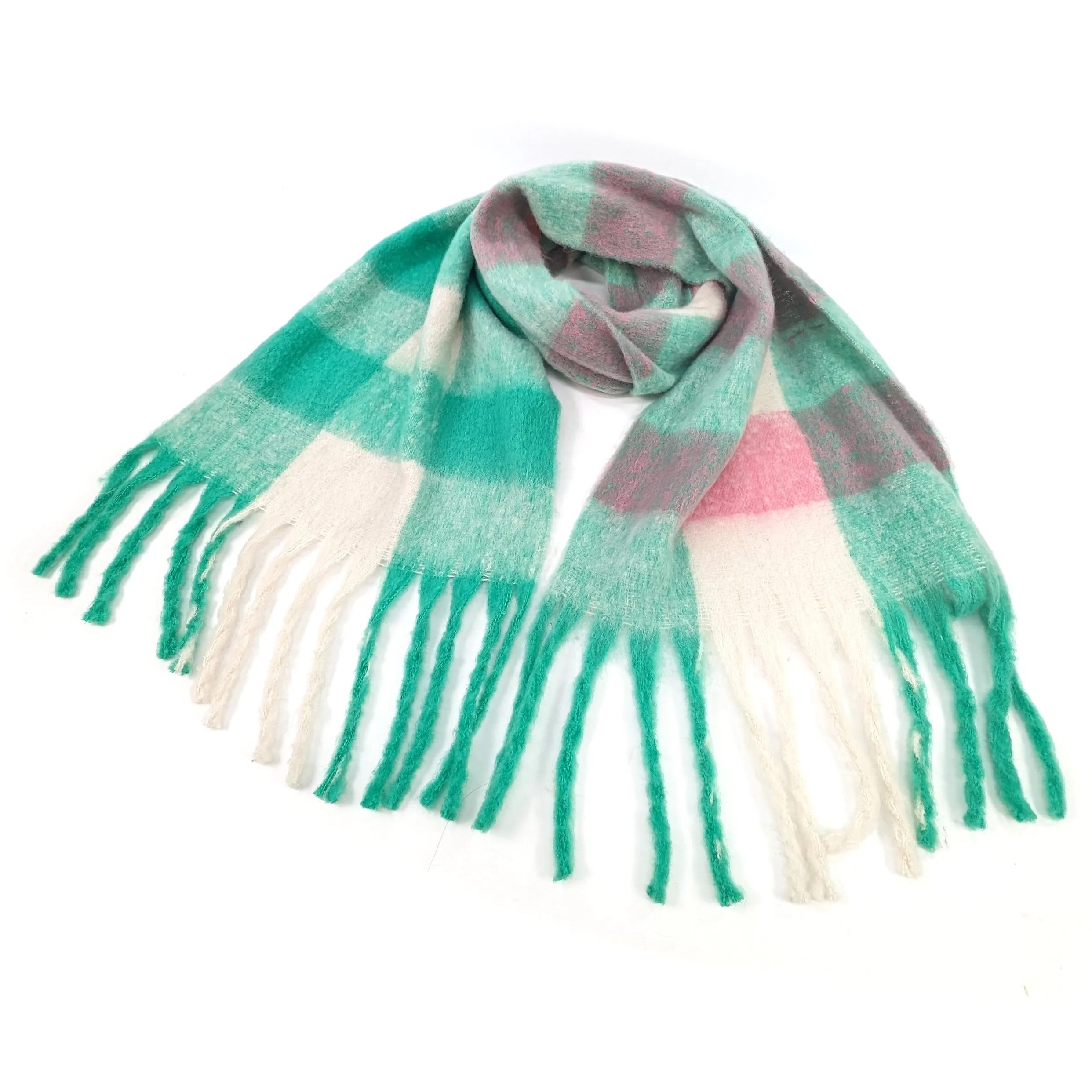 Mikre - Extra Thick Neon Tasseled Scarf (40x195cm) - Green/White