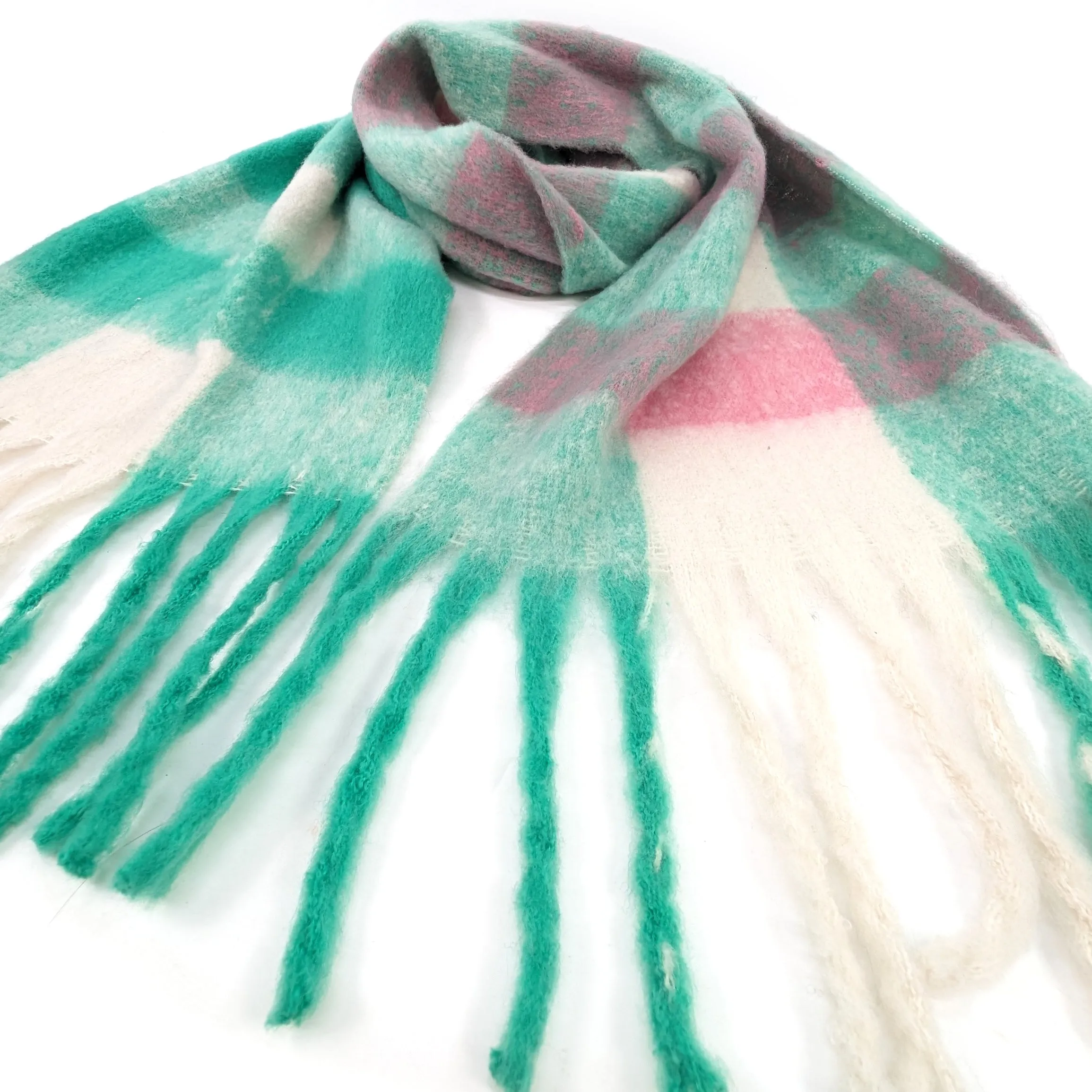 Mikre - Extra Thick Neon Tasseled Scarf (40x195cm) - Green/White