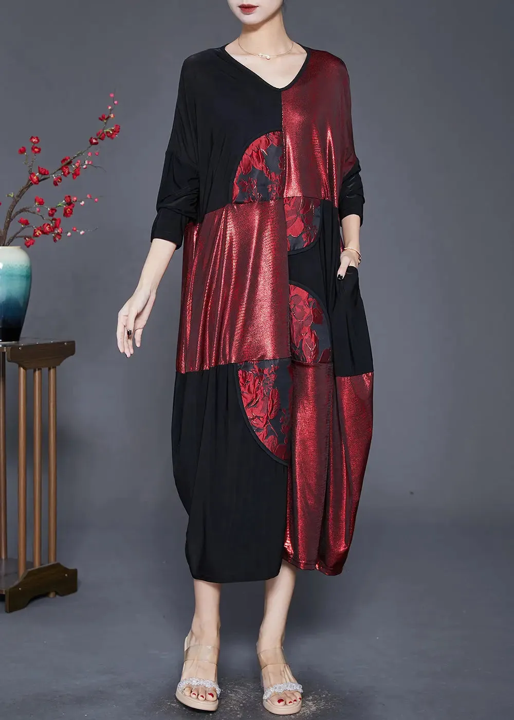 Modern Colorblock Oversized Patchwork Silk Vacation Dresses Fall ML0336