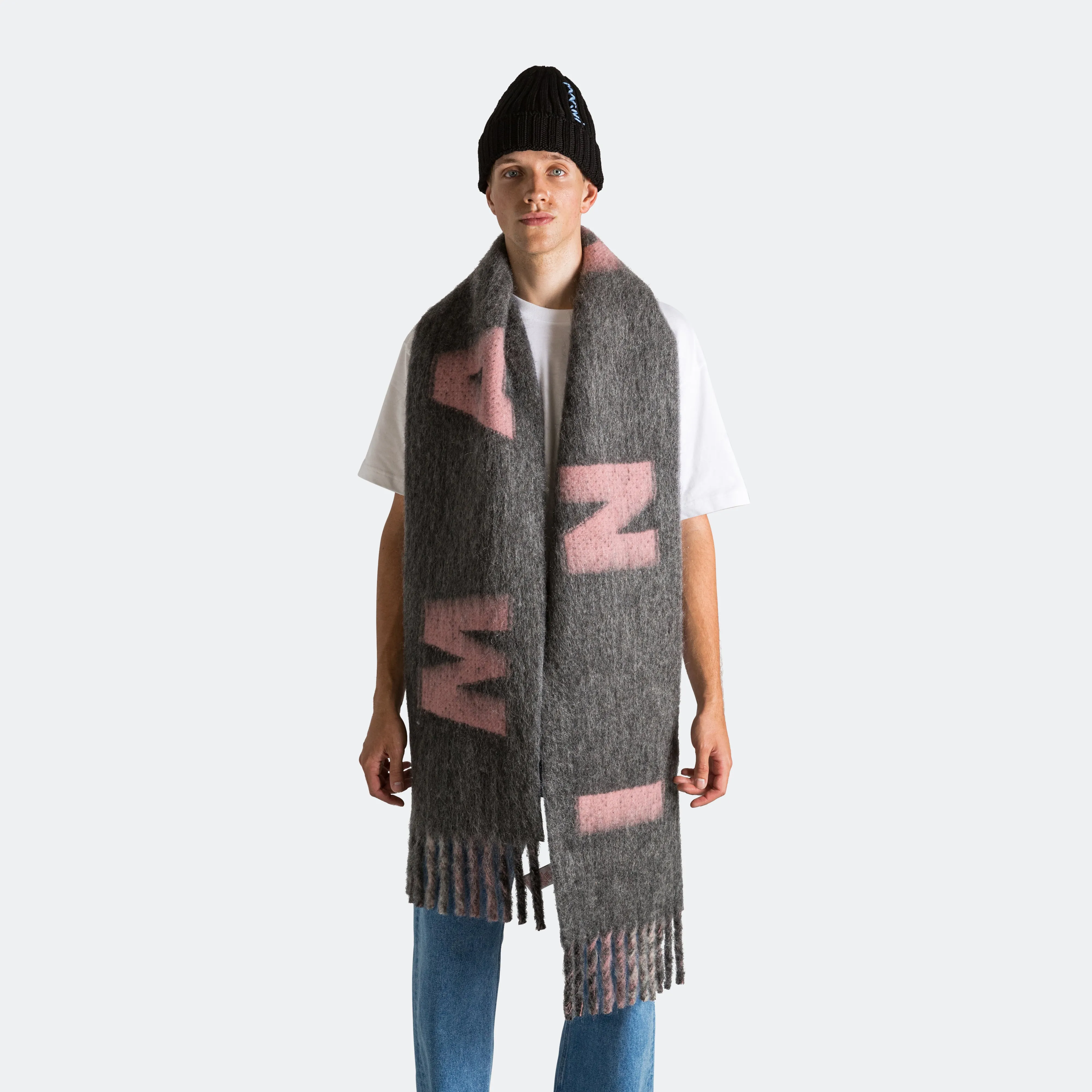 Mohair & Wool Maxi Logo Scarf - Neutral Grey