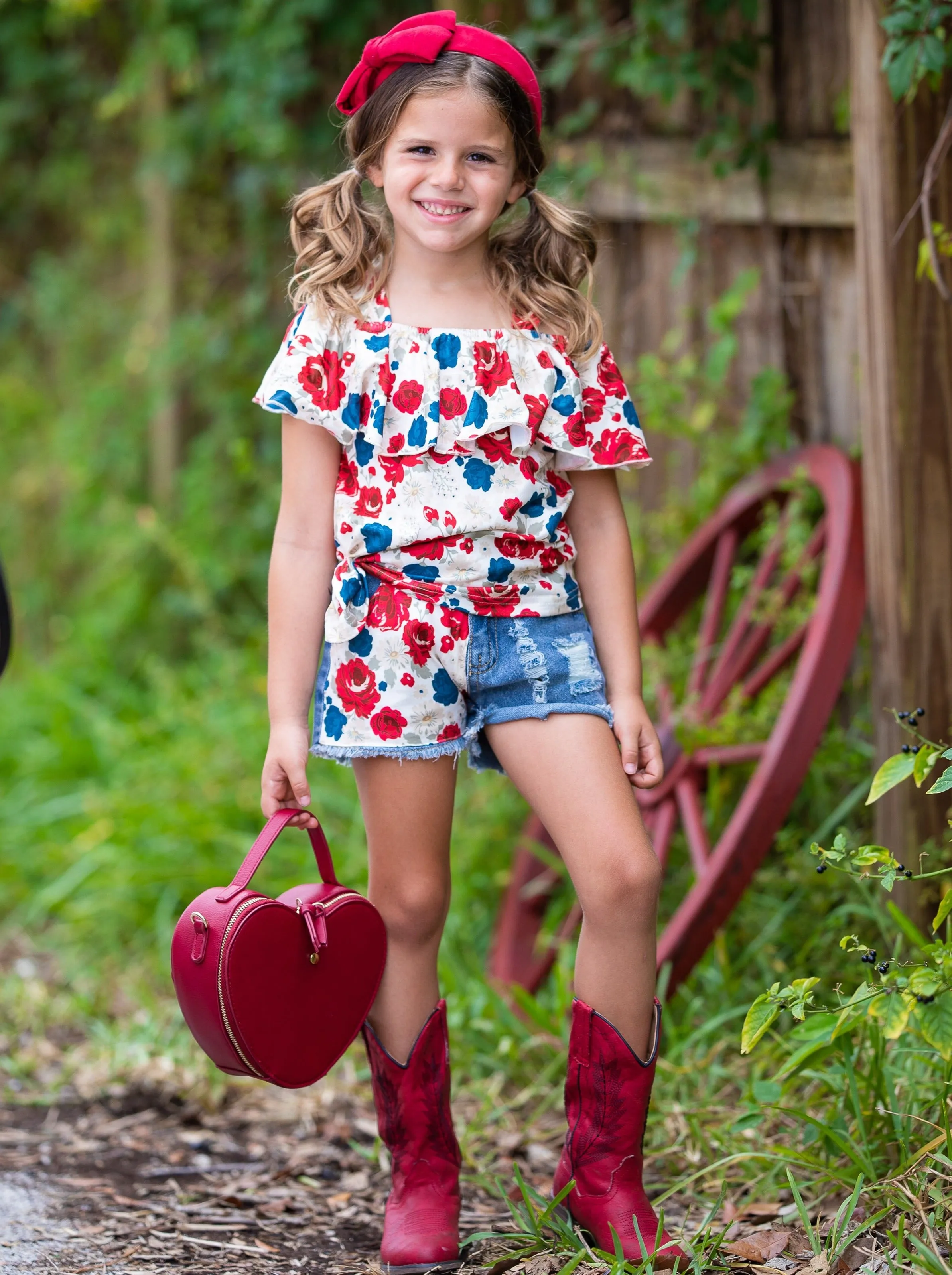 Must Have Flowers Patched Denim Shorts Set