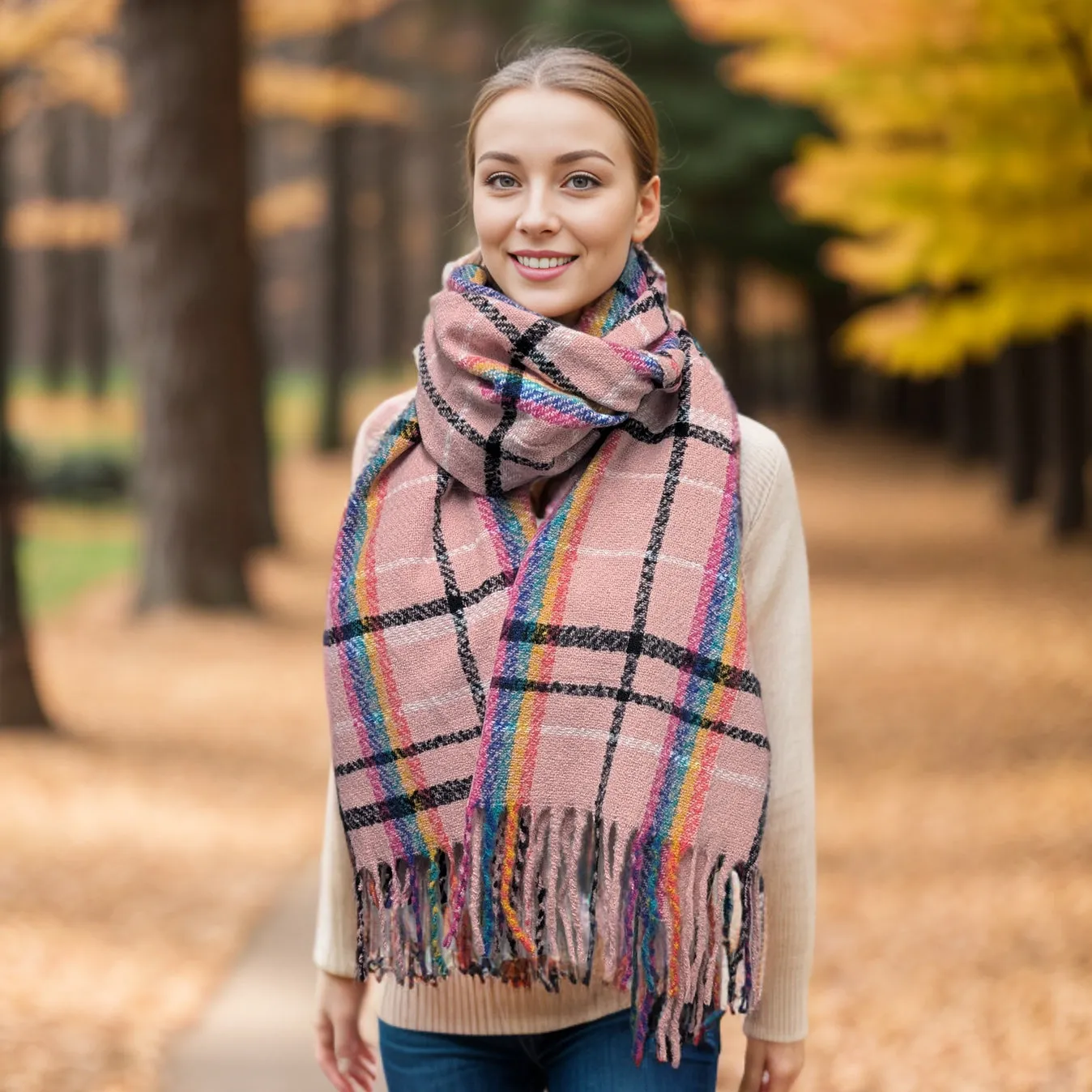 Neon Rainbow Thick Tasselled Scarf