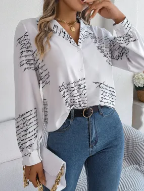 Notch Button Casual Print Collar Letter Sleeve Long Blouse