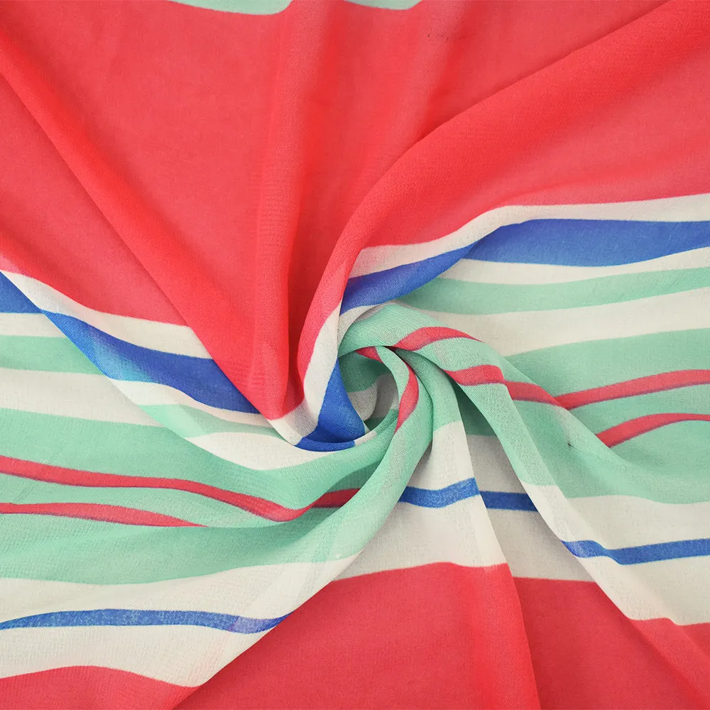 Pink-Blue-Multi Stripe Printed Poly Chiffon Woven Fabric