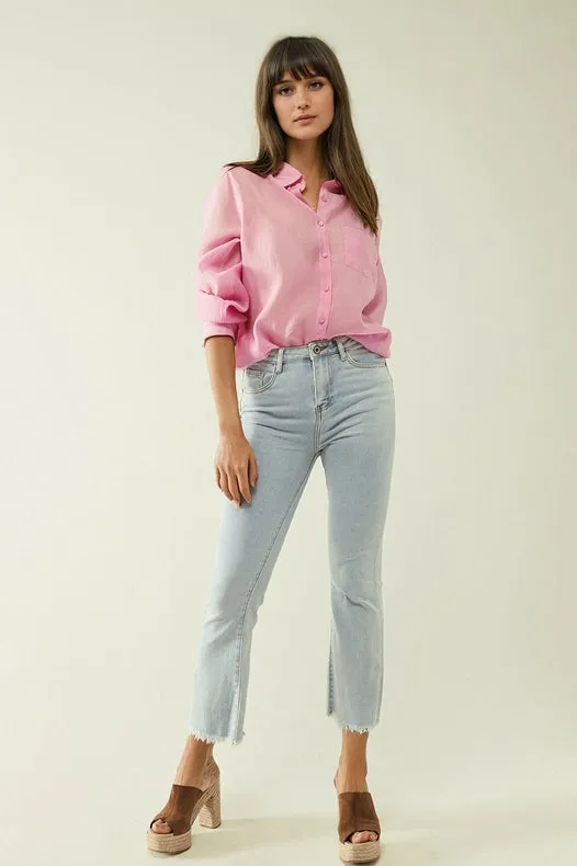 Pink Chiffon Shirt With Long Sleeves And One Chest Pocket