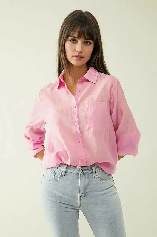 Pink Chiffon Shirt With Long Sleeves And One Chest Pocket