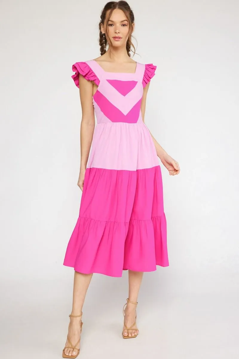 Pink Colorblock Midi Dress