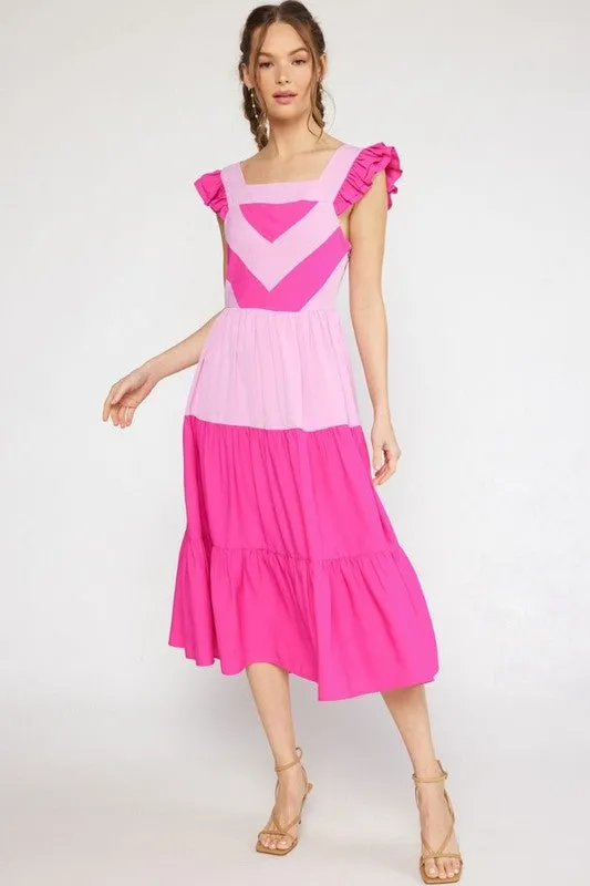 Pink Colorblock Midi Dress