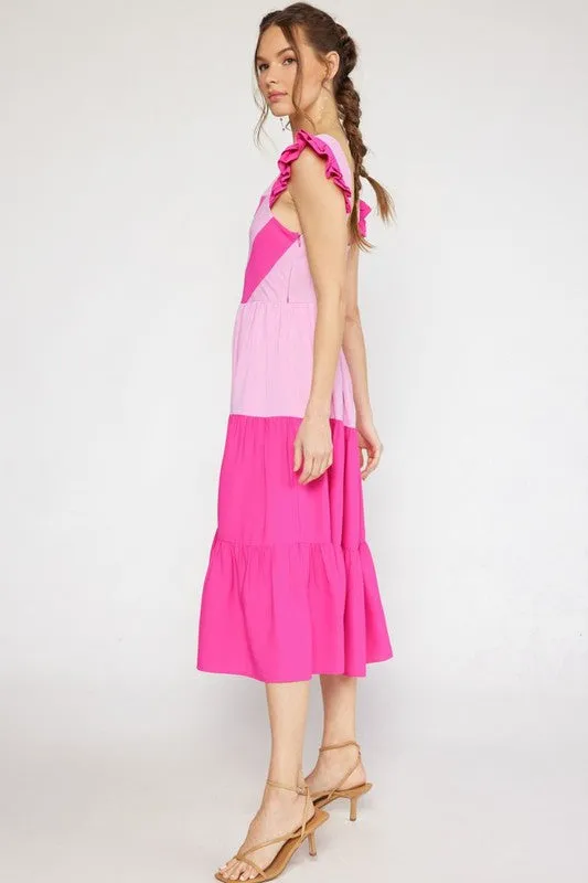 Pink Colorblock Midi Dress