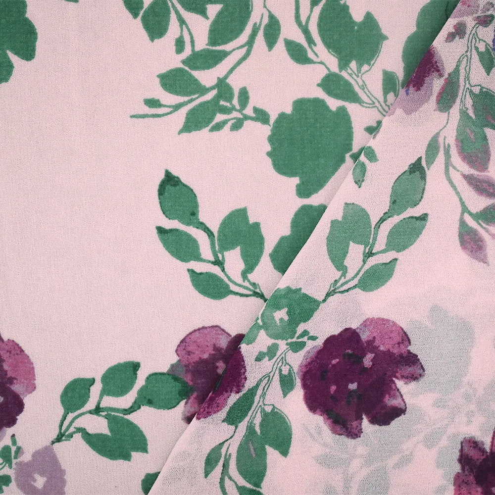 Pink-Green-Multi Floral Printed Poly Chiffon Woven Fabric