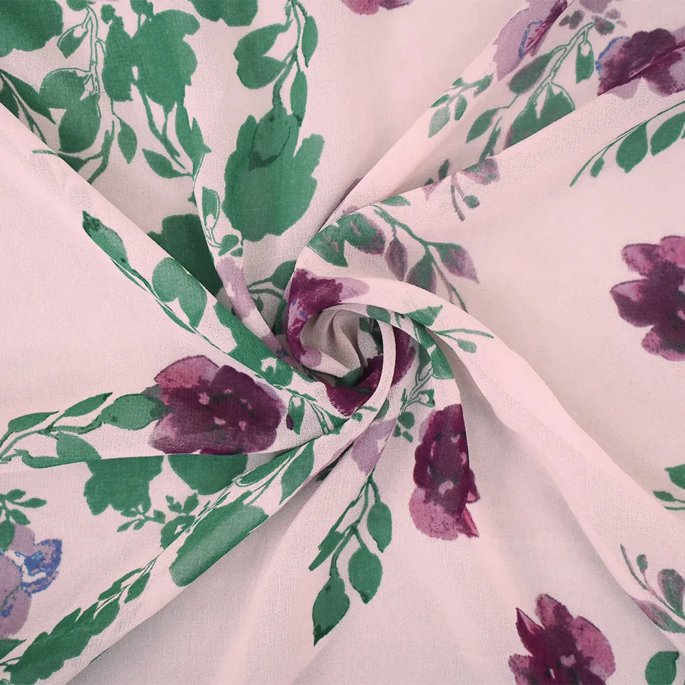 Pink-Green-Multi Floral Printed Poly Chiffon Woven Fabric