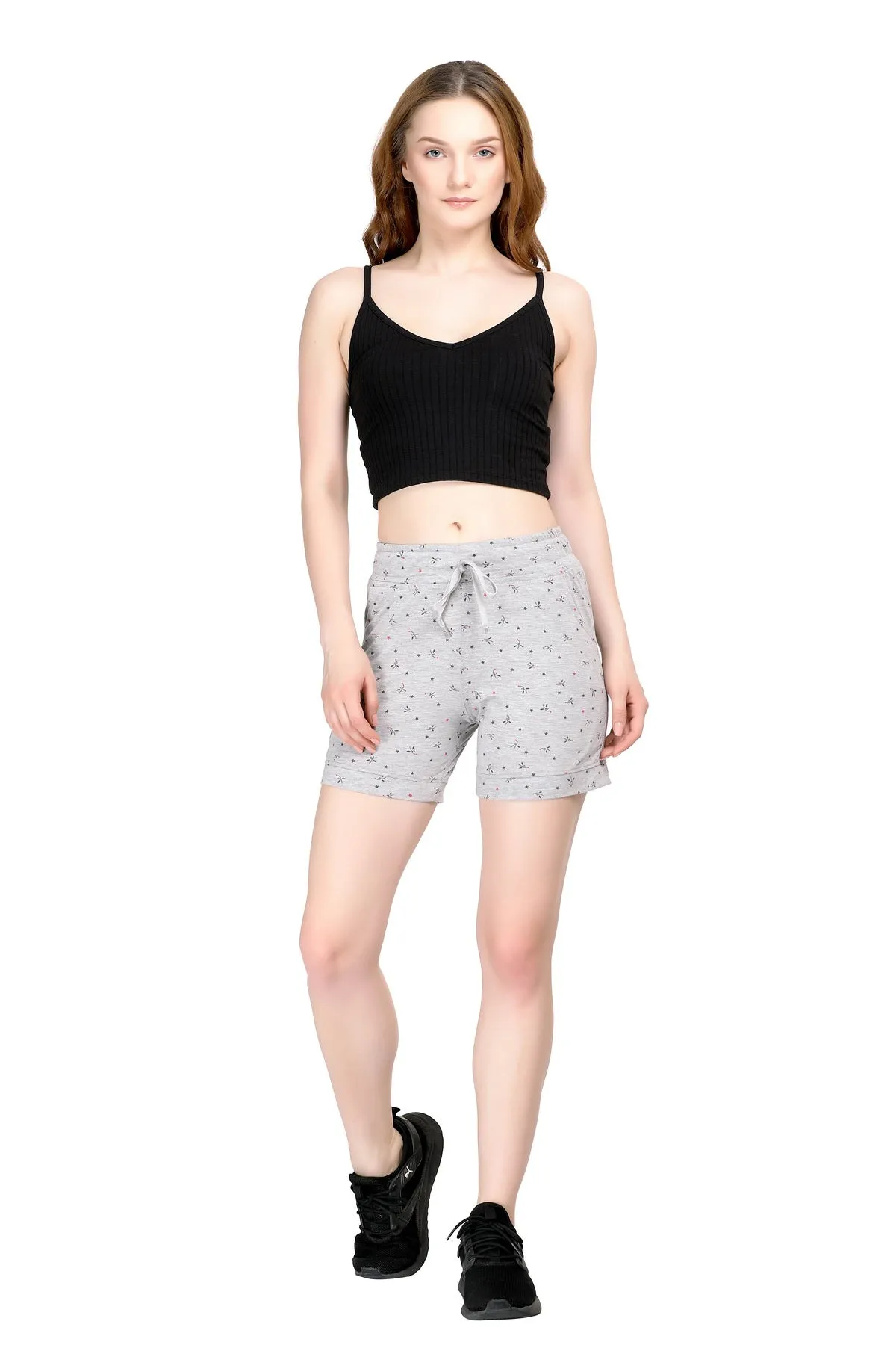 Plus Size Cotton Shorts For Women - Printed Bermuda Combo (Grey & Maroon)