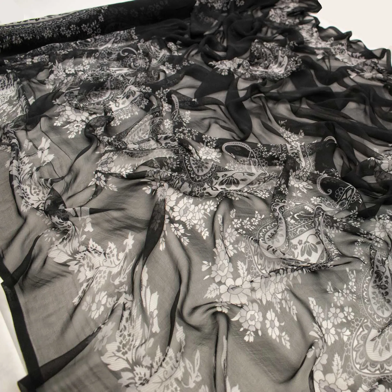 Silver Paisley Border Prints Satin & chiffon