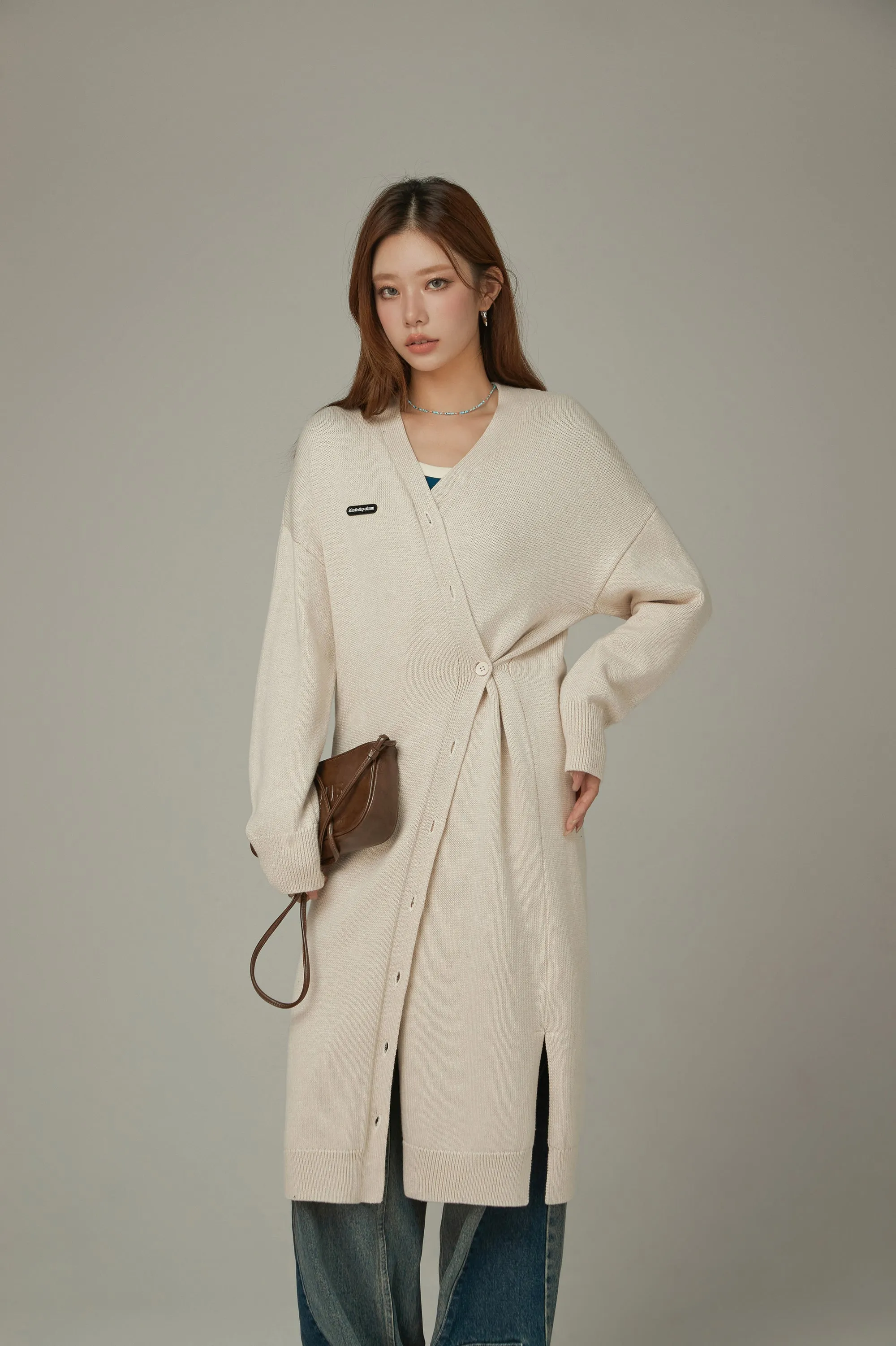 Slit Wrap Button Knit Long Cardigan