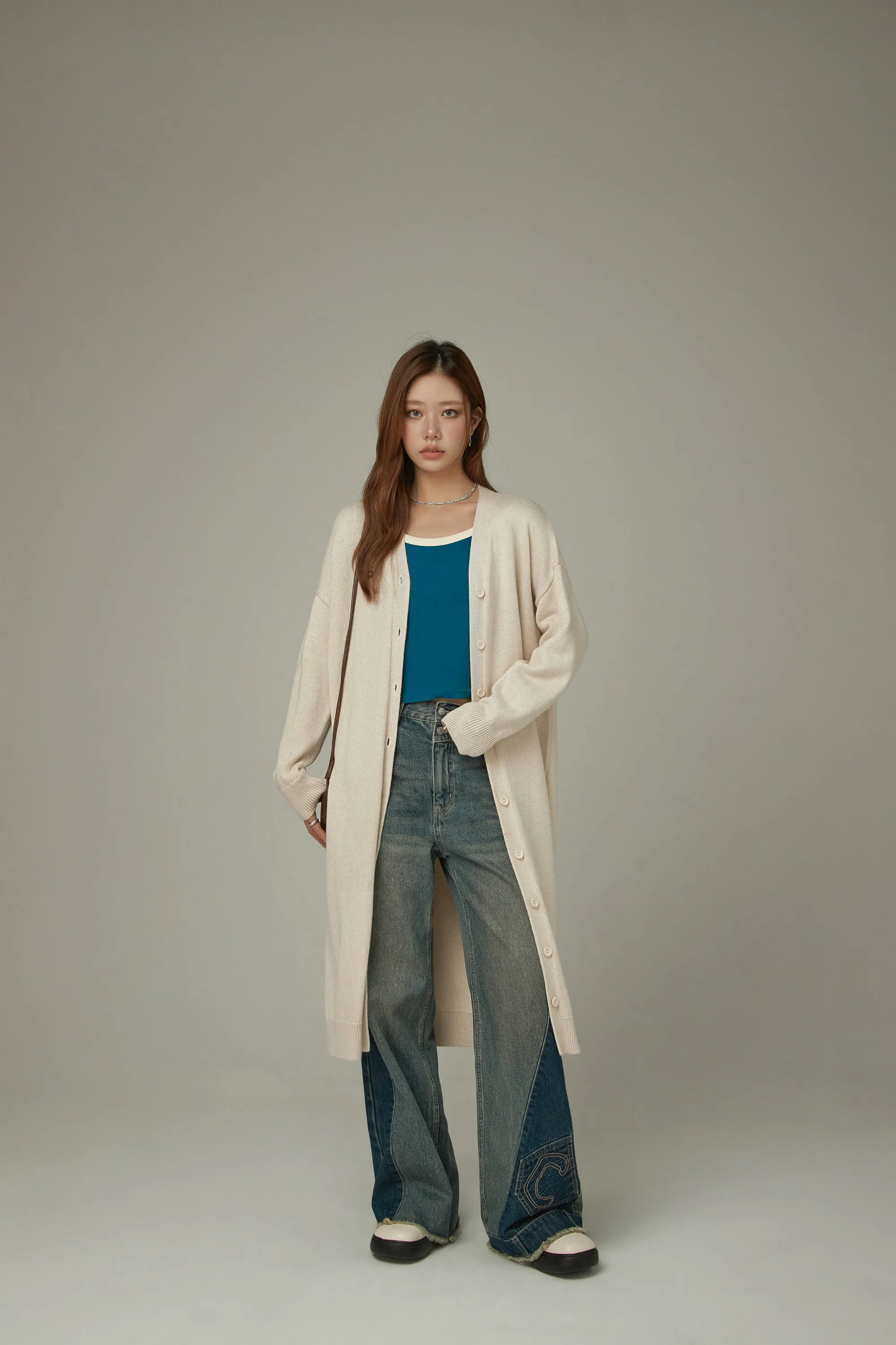 Slit Wrap Button Knit Long Cardigan