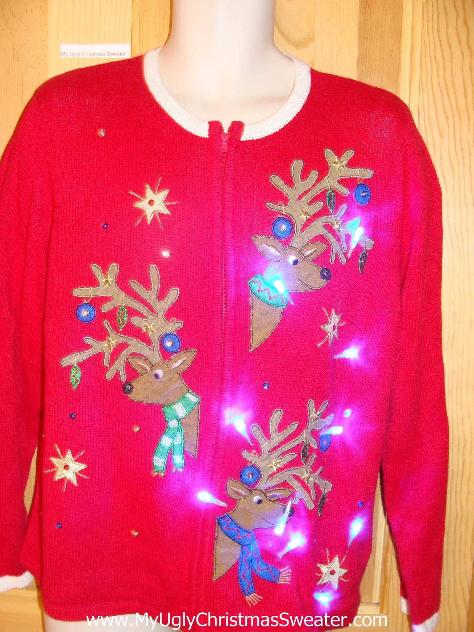 Tacky Light Up Christmas Sweater with Three Festive Reindeer