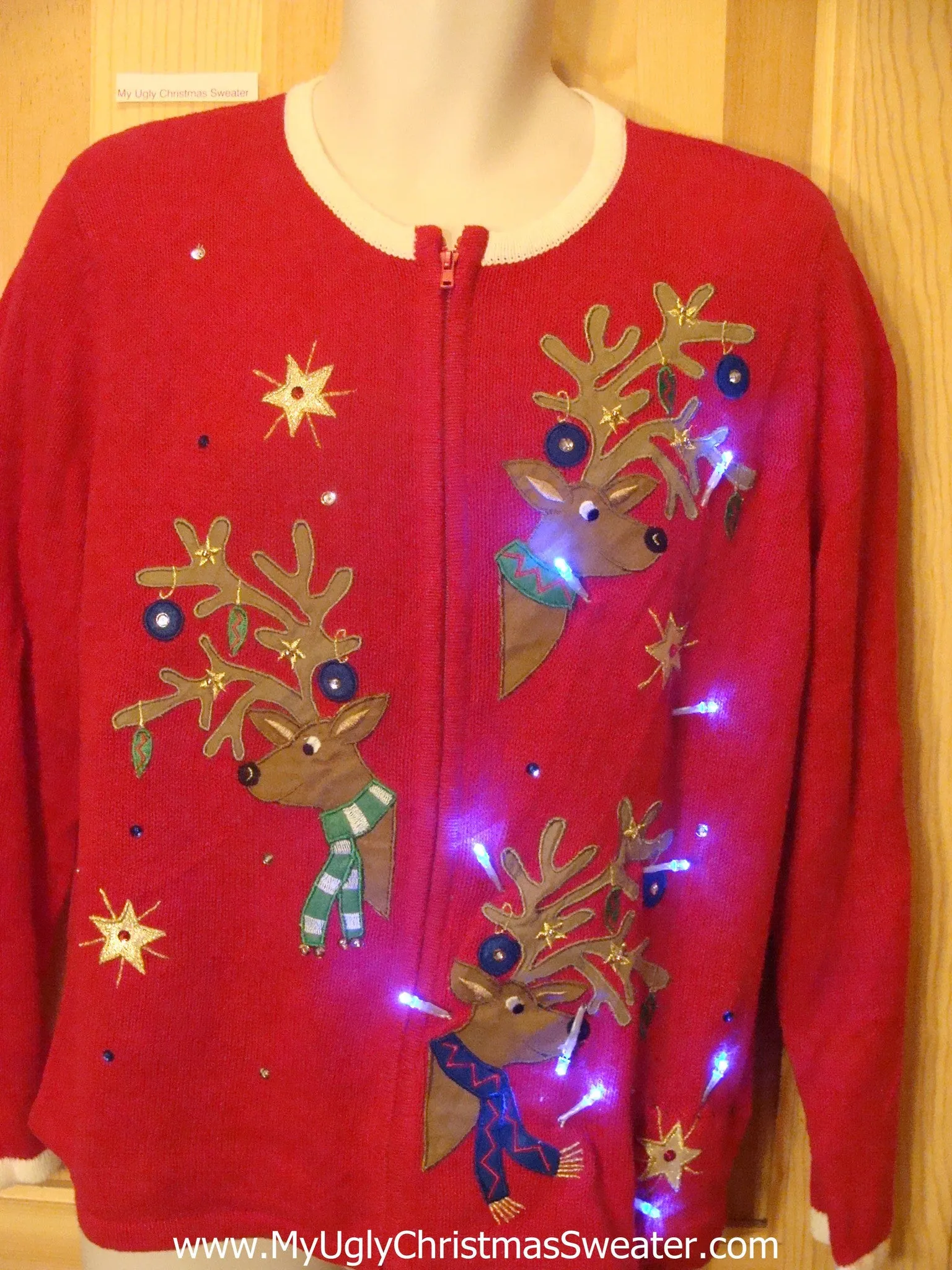 Tacky Light Up Christmas Sweater with Three Festive Reindeer