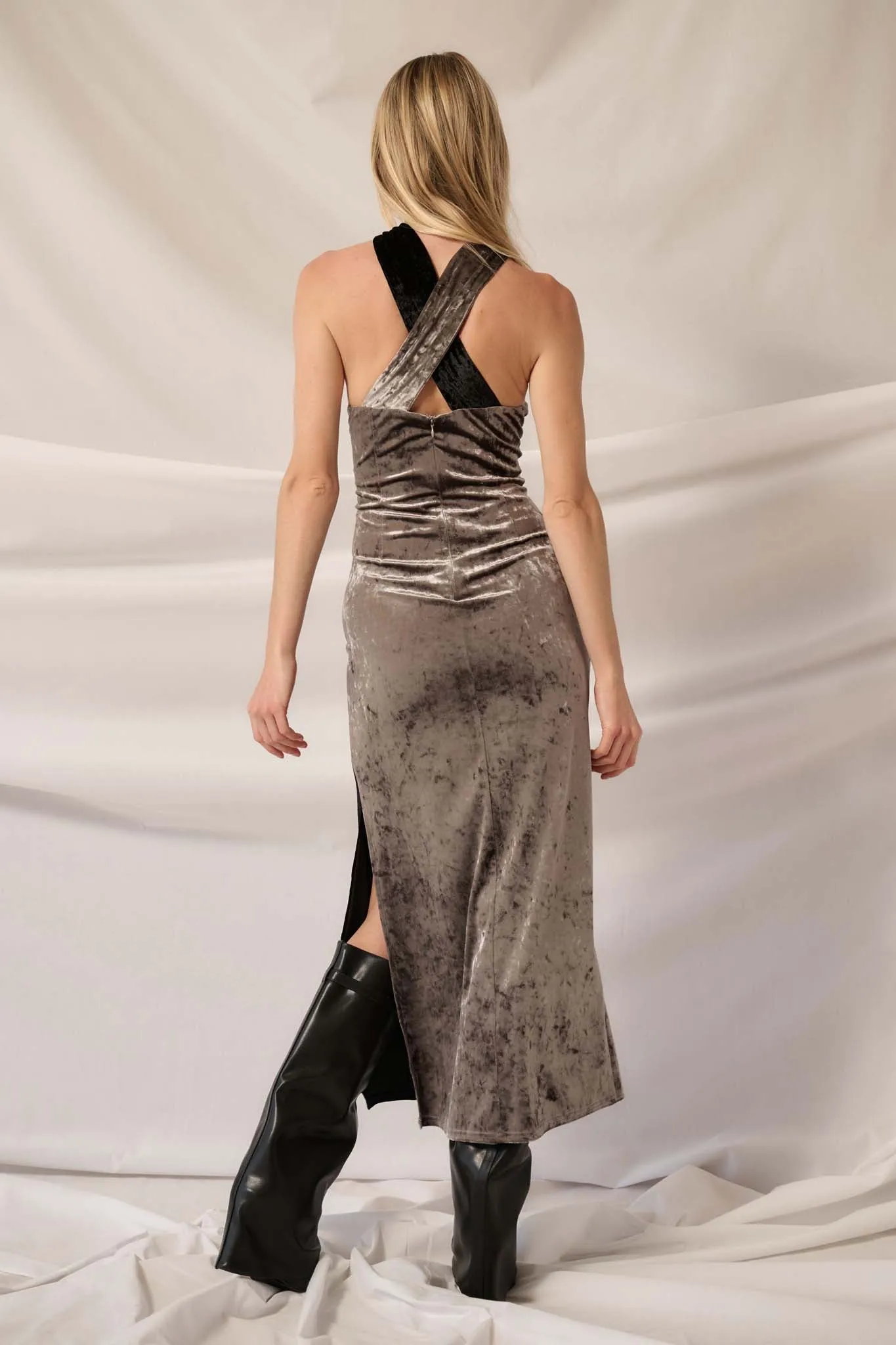 Two Timer Colorblock Velvet Halter Maxi Dress