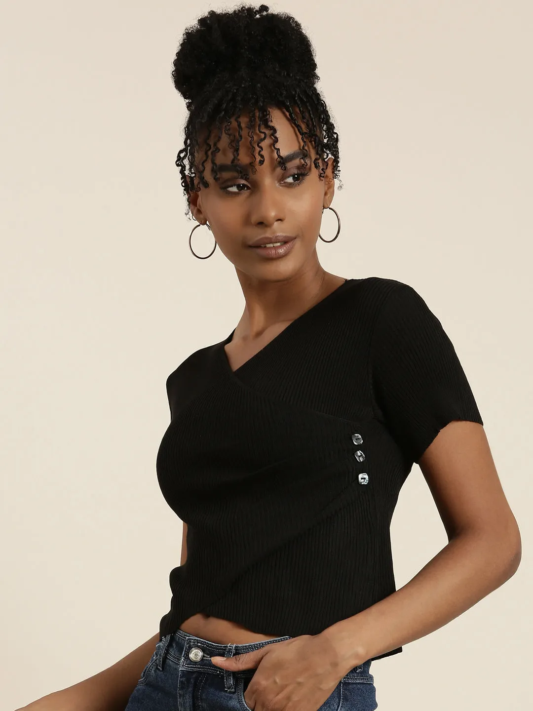 Women Black Solid Wrap Crop Top