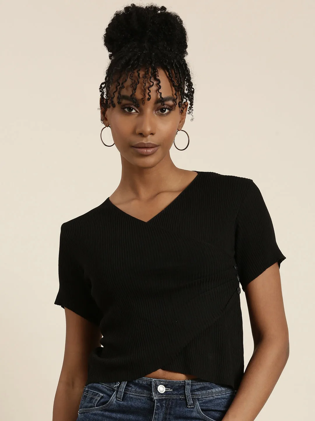 Women Black Solid Wrap Crop Top