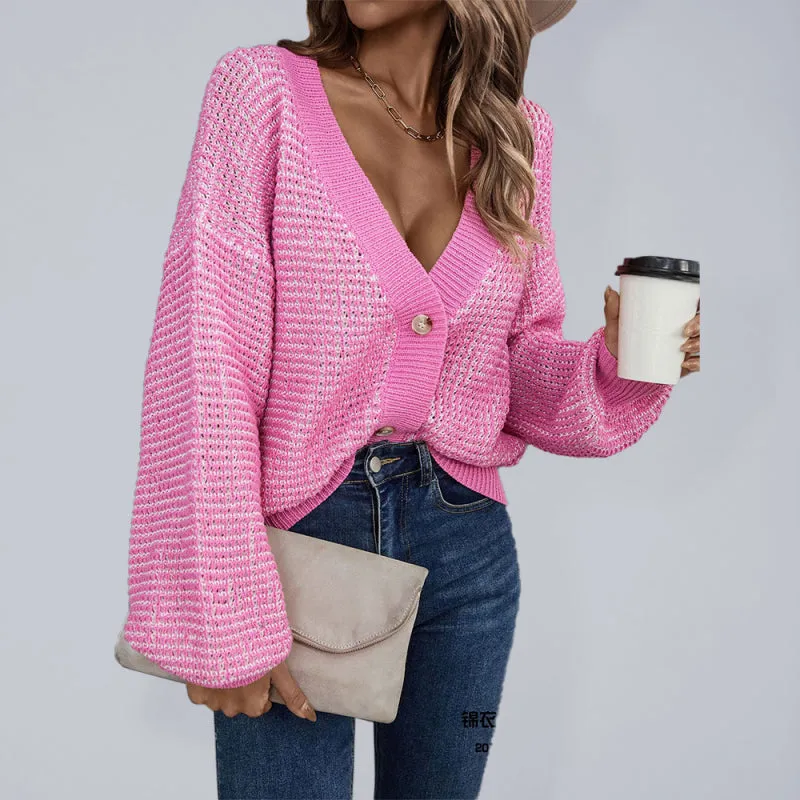 Women's Waffle Knit Cardigan With Puff Sleeves